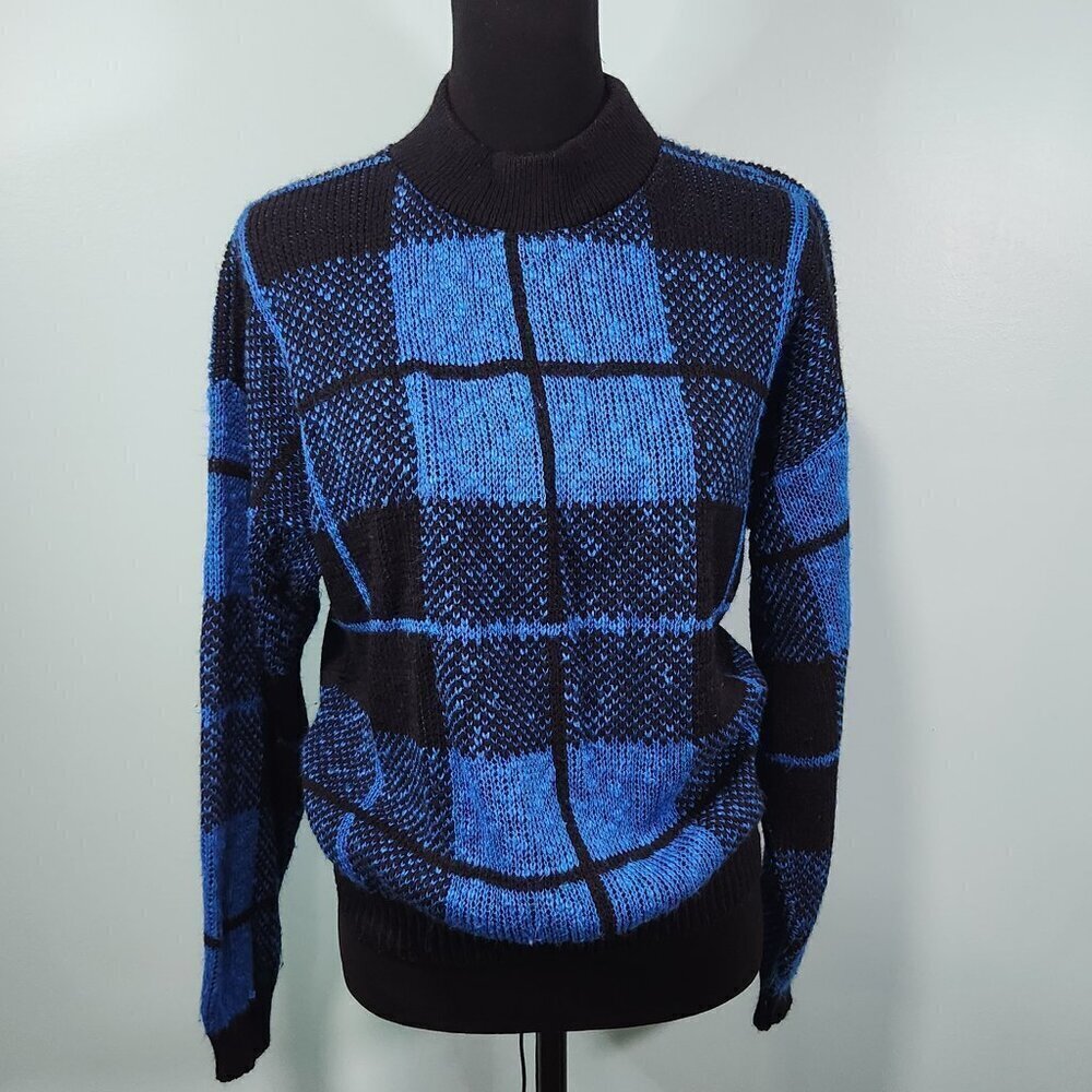 Adele Knitwear | Vintage Blue/Black Plaid Sweater Small. Lot E